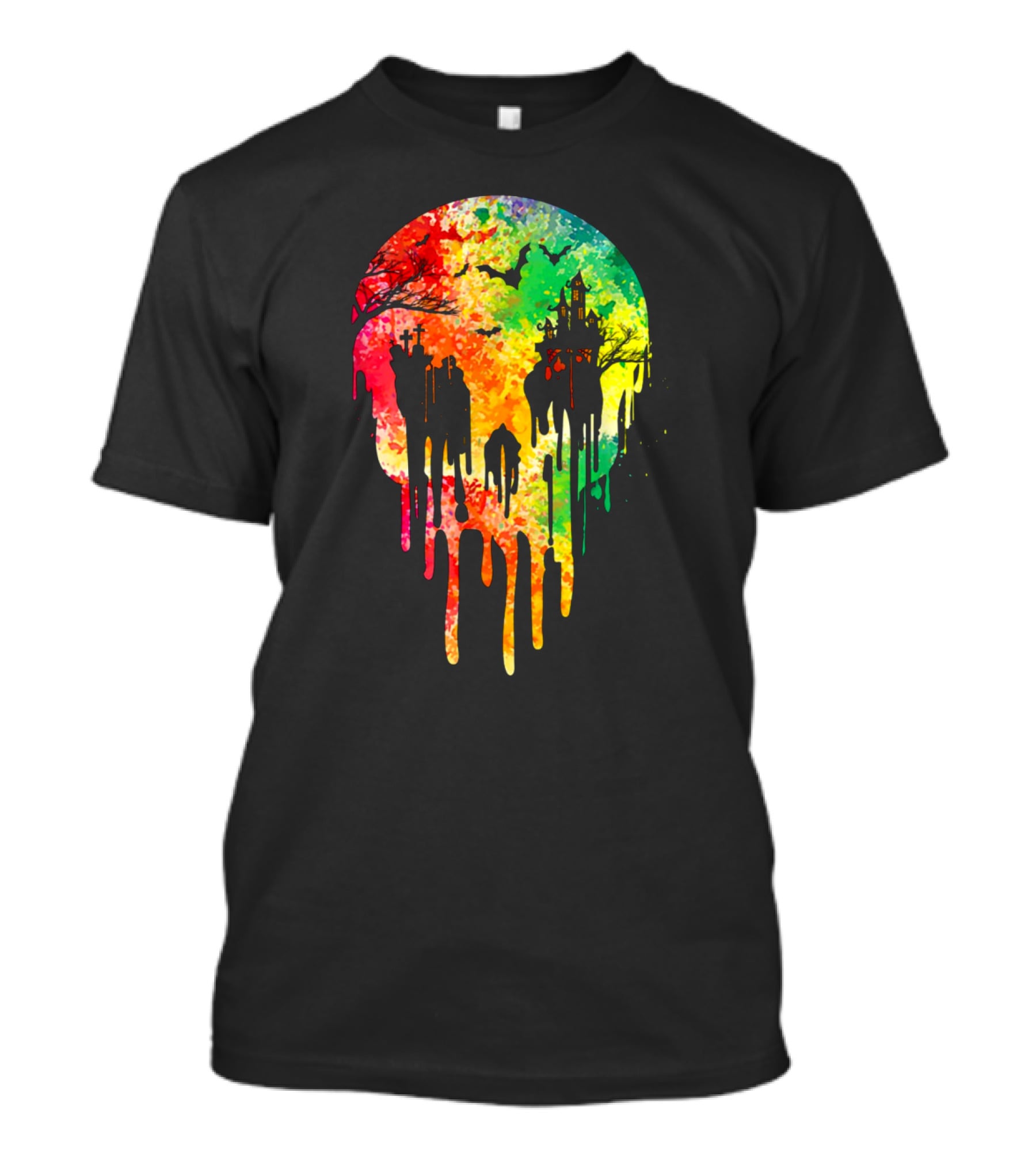 Melting Skull Colorful Night With Haunted Trees And Bats T-Shirt