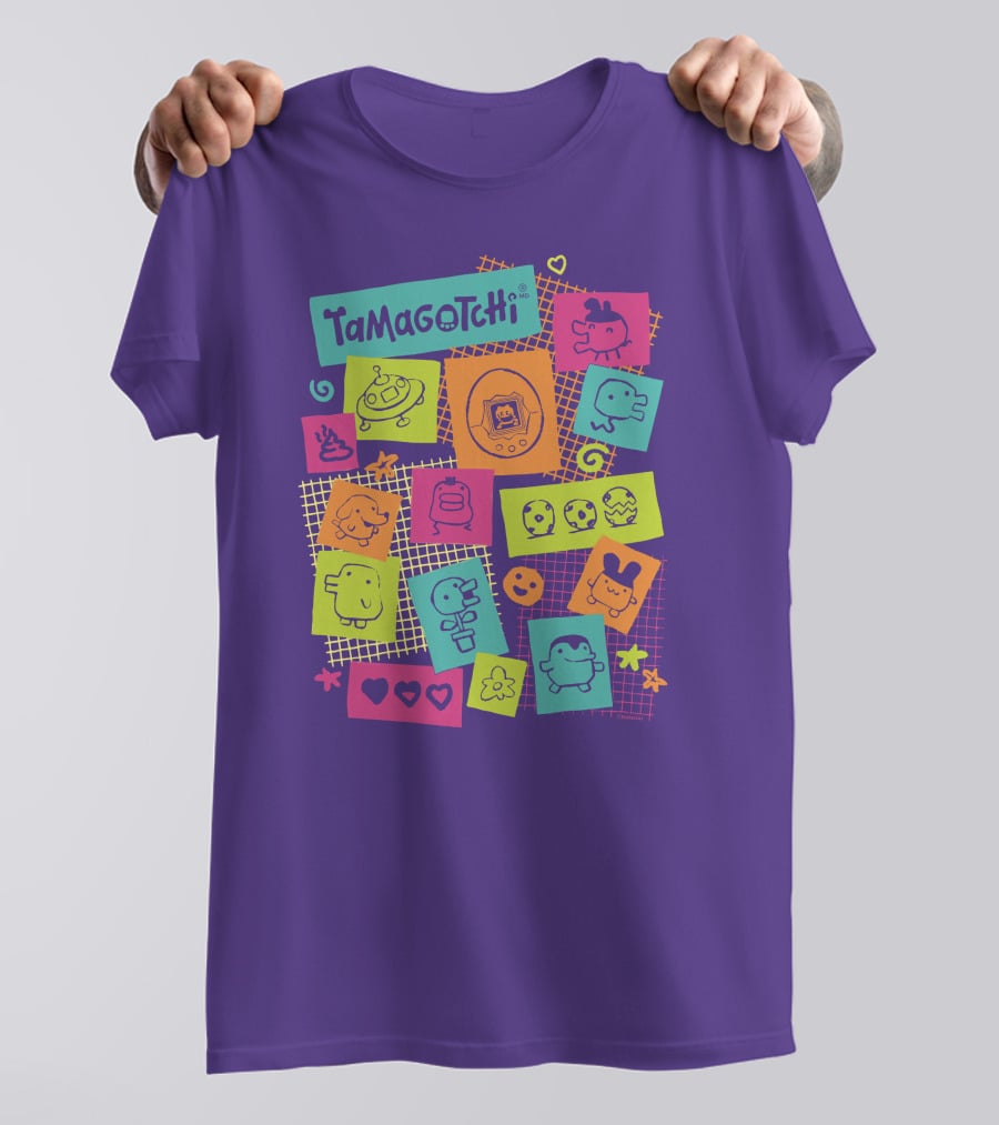 Tamagotchi Neon Character Collage With Hearts And Stars T-Shirt