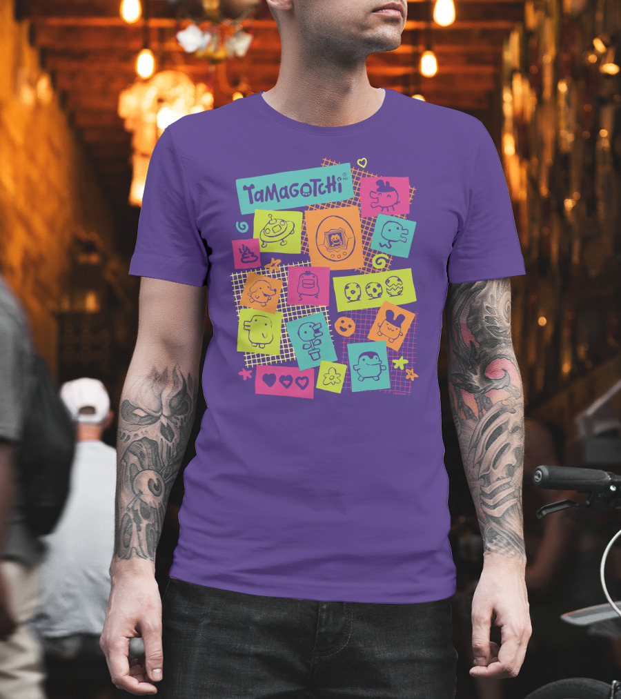 Tamagotchi Neon Character Collage With Hearts And Stars T-Shirt