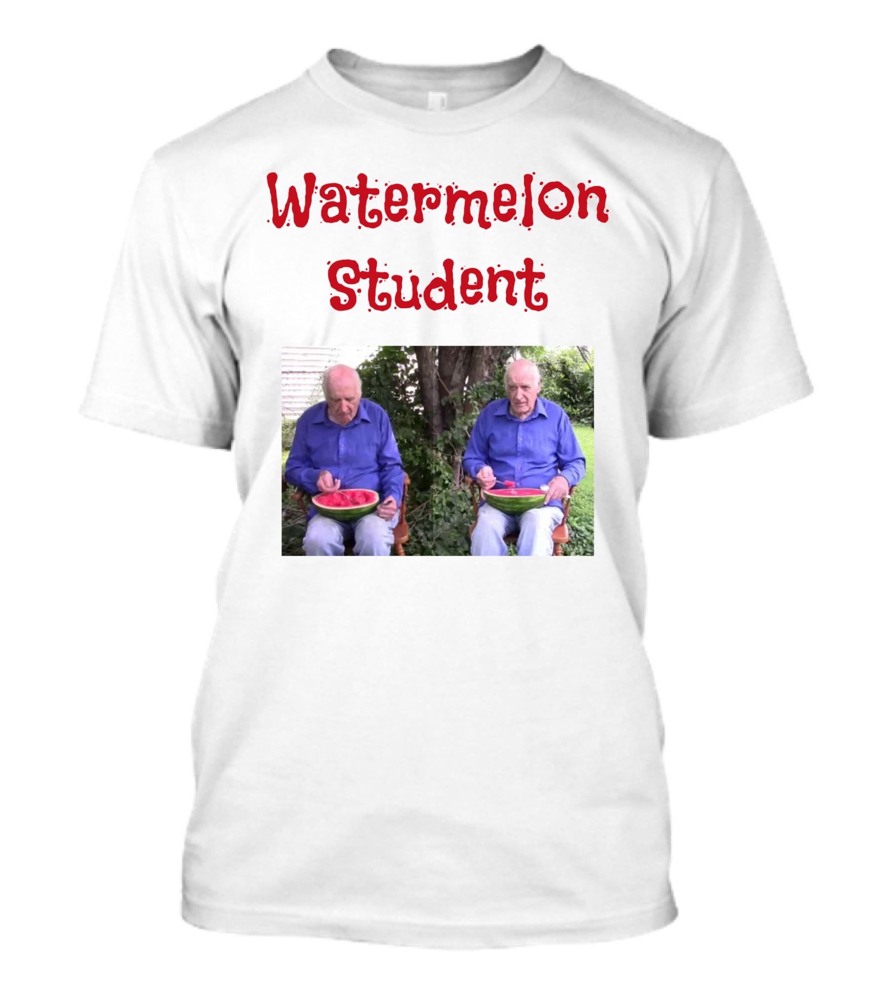 Watermelon Student Eating In Garden With Blue T-Shirt