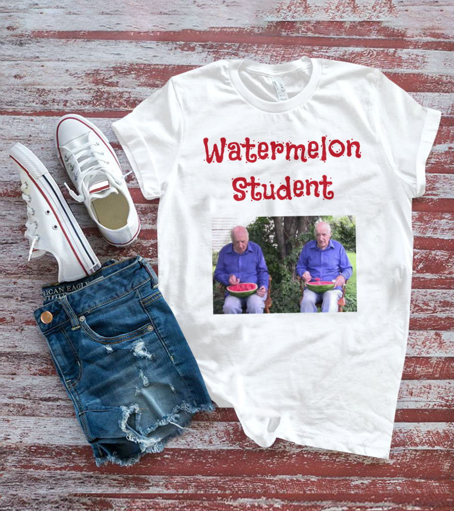 Watermelon Student Eating In Garden With Blue T-Shirt