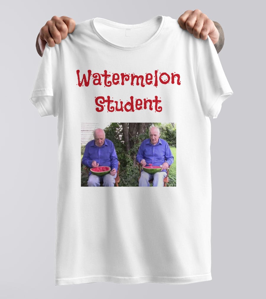Watermelon Student Eating In Garden With Blue T-Shirt