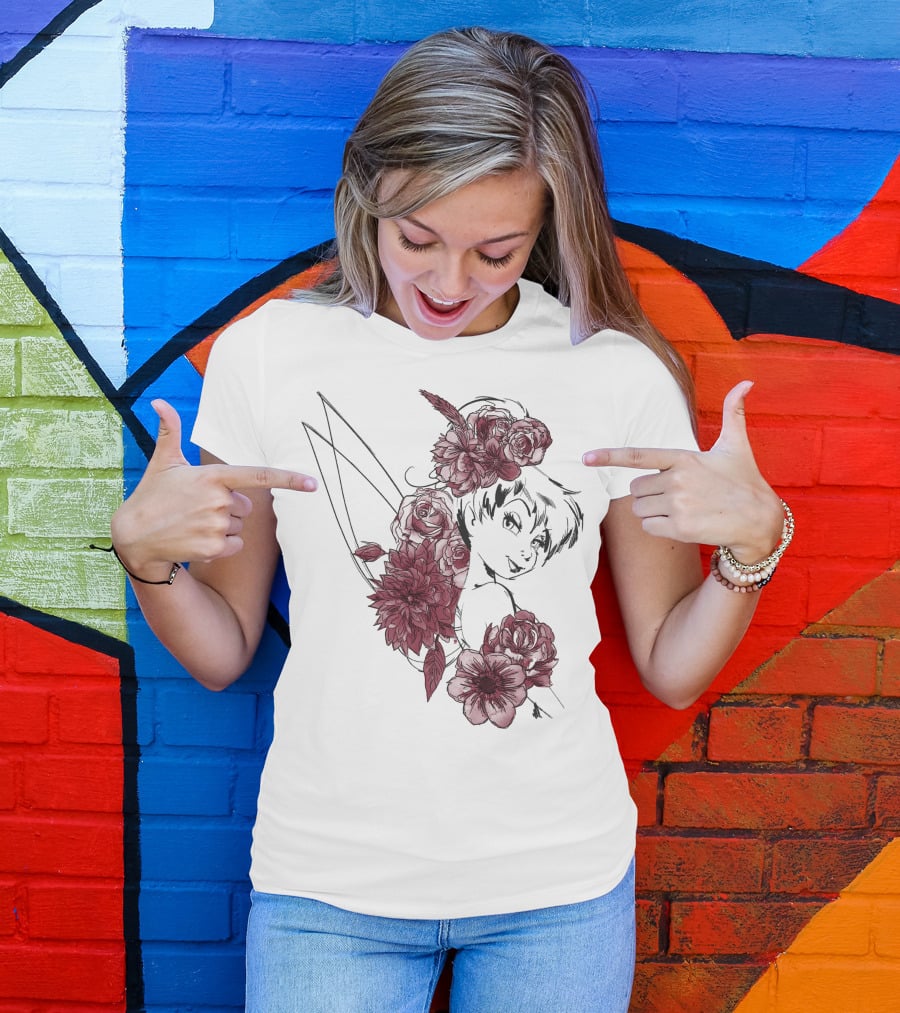 Disney Peter Pan Tinkerbell Red Floral Outline T-Shirt
