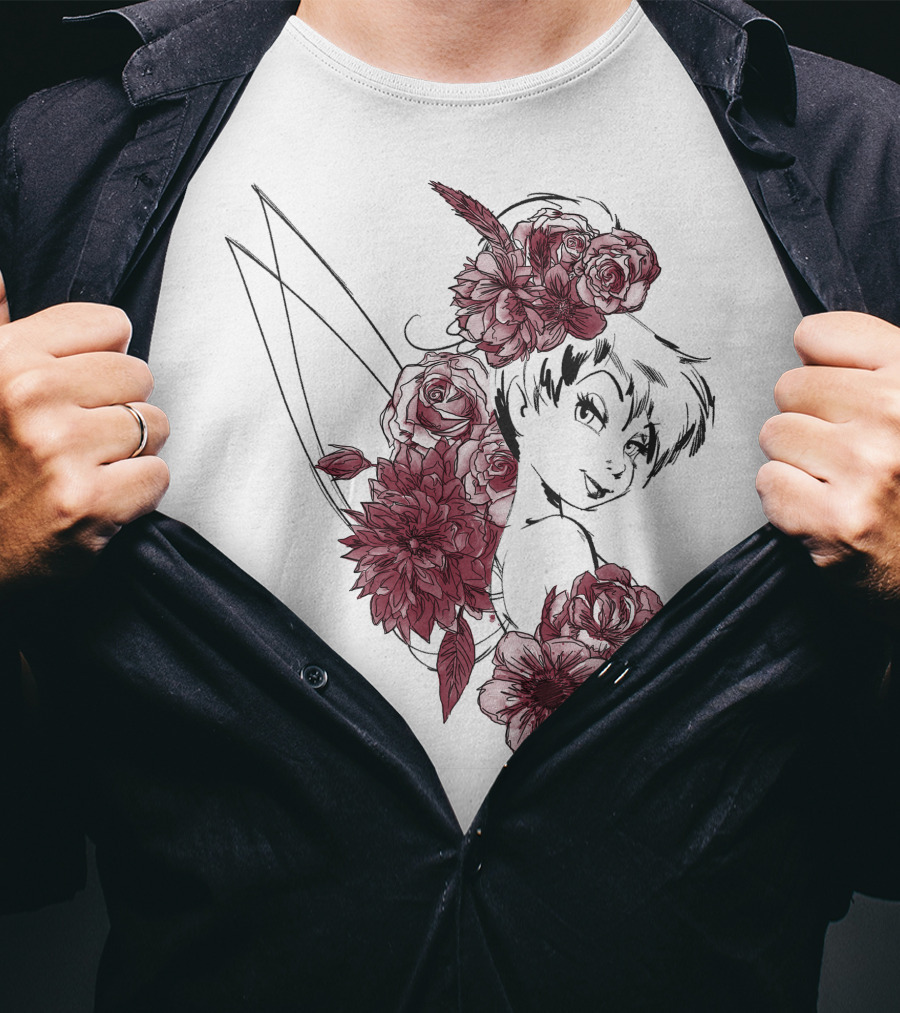 Disney Peter Pan Tinkerbell Red Floral Outline T-Shirt