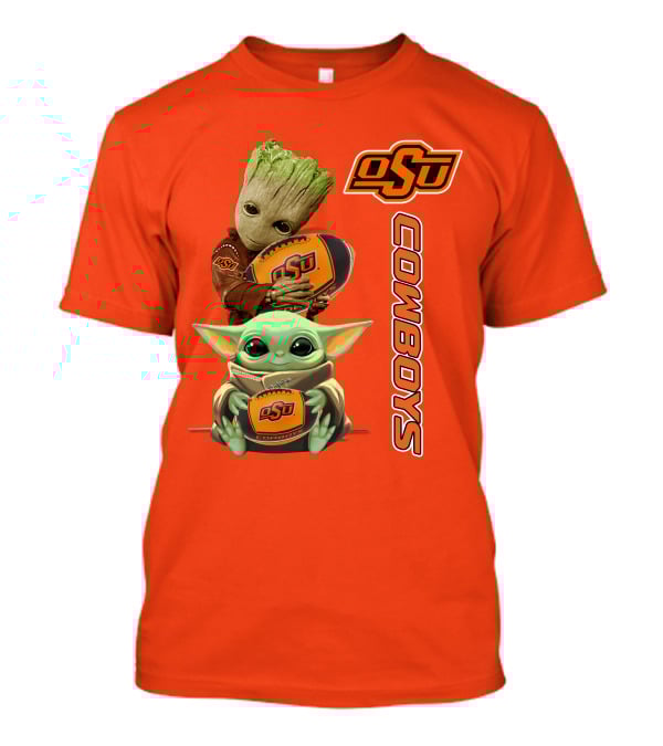 Osu Cowboys Groot And Baby Yoda Hugging Football T-Shirt