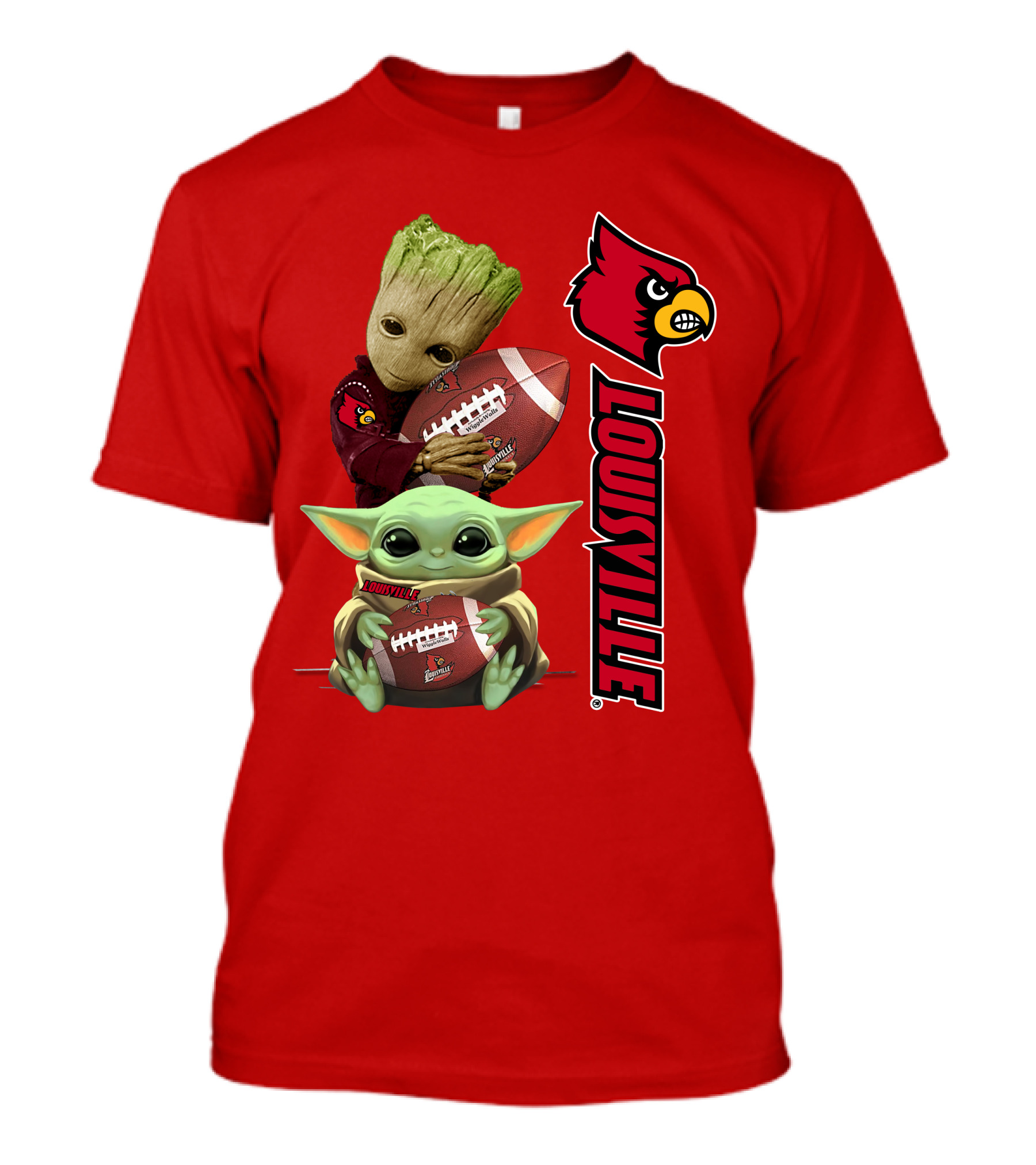 Groot Baby Yoda Holding Football Louisville Cardinals T-Shirt