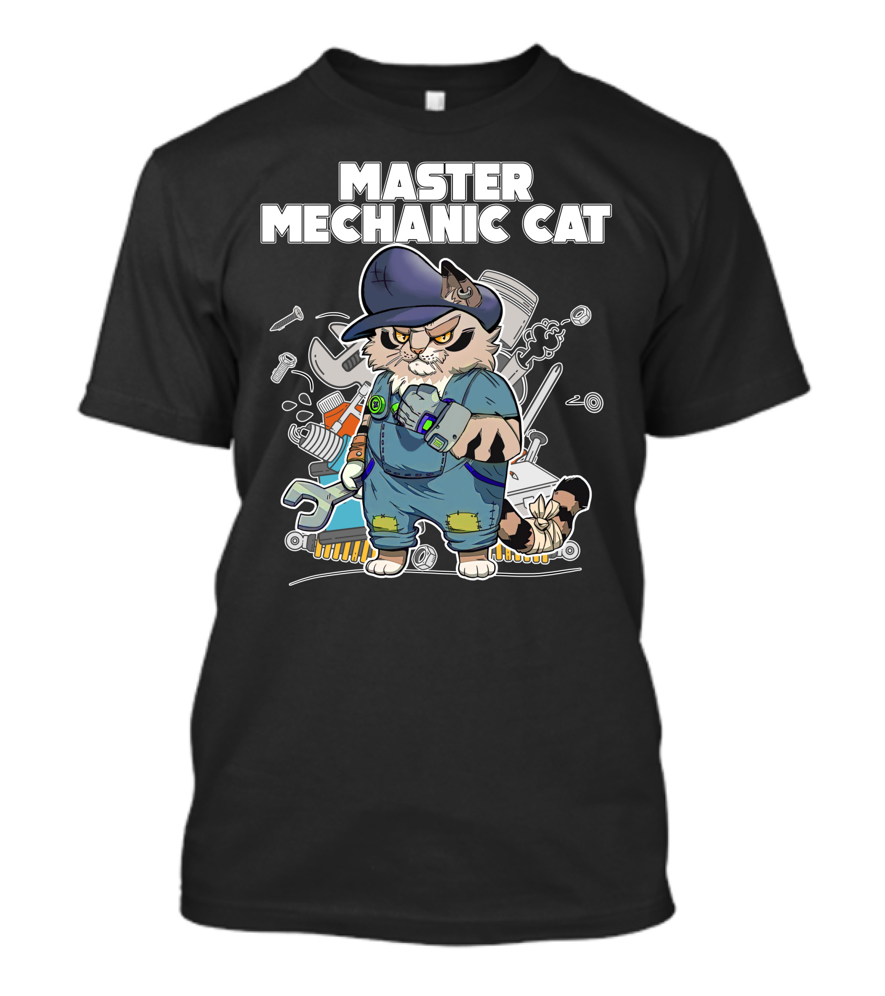 Master Mechanic Cat Repair Crew With Tools And Blue Overalls T-Shirt
