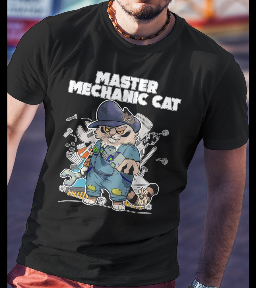 Master Mechanic Cat Repair Crew With Tools And Blue Overalls T-Shirt