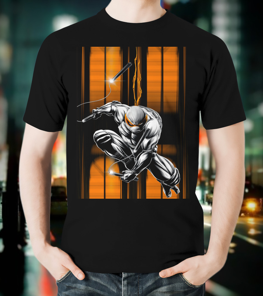 Michelangelo Ninja Turtle Nunchaku Action Orange Stripes T-Shirt