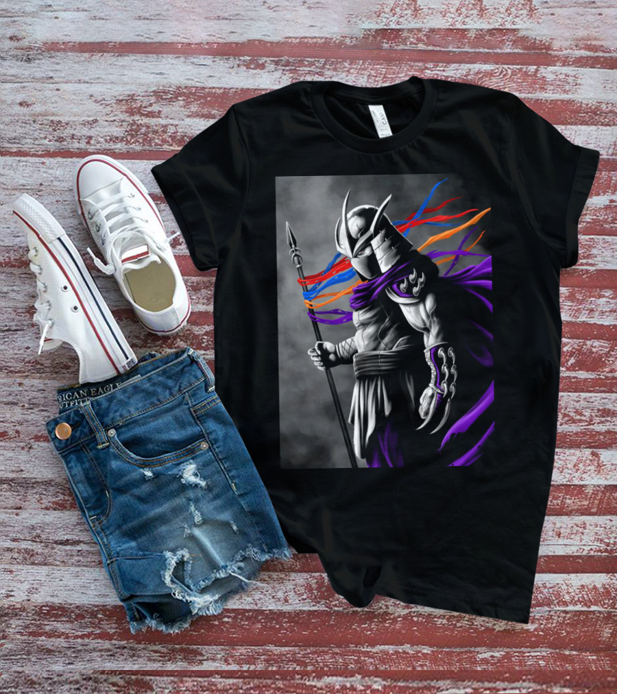 Shredder Villain With Spear And Flowing Cape In Colorful Ribbons T-Shirt