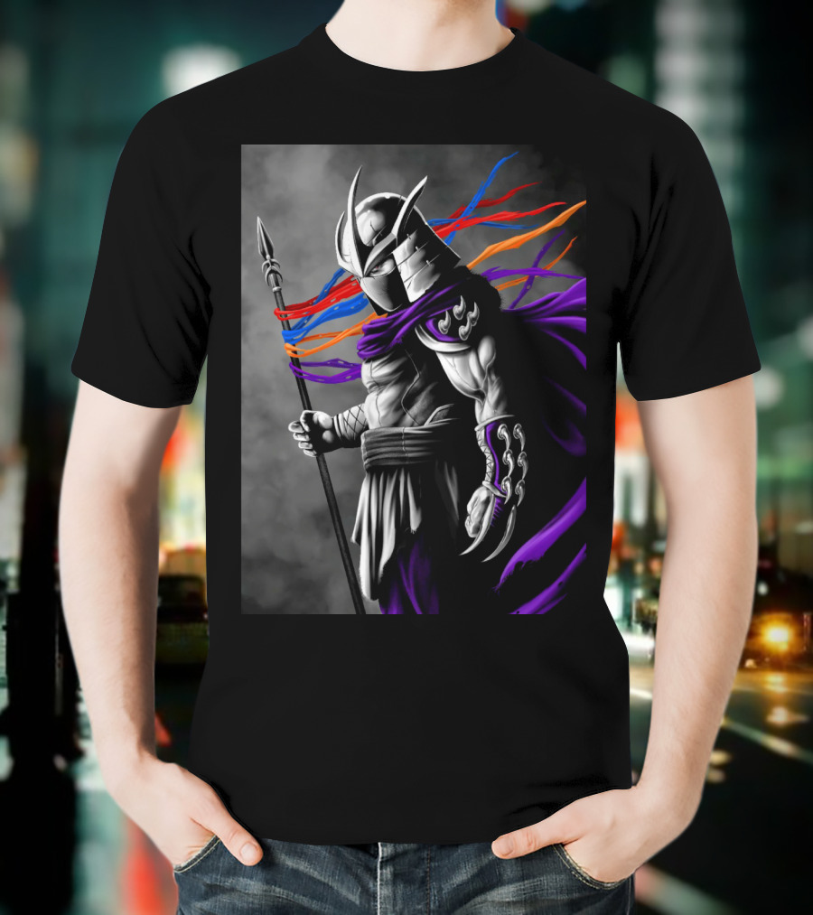 Shredder Villain With Spear And Flowing Cape In Colorful Ribbons T-Shirt