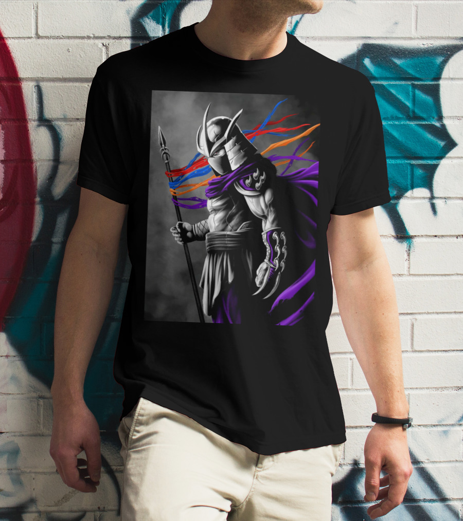 Shredder Villain With Spear And Flowing Cape In Colorful Ribbons T-Shirt