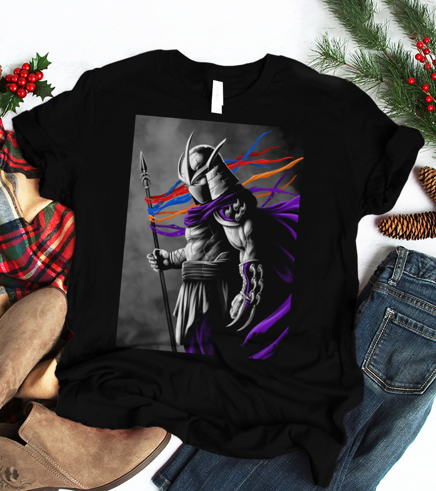 Shredder Villain With Spear And Flowing Cape In Colorful Ribbons T-Shirt