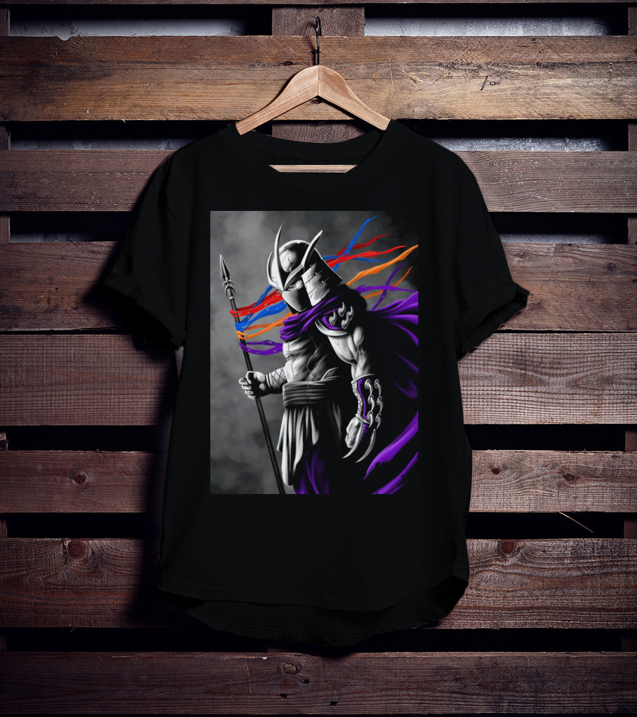 Shredder Villain With Spear And Flowing Cape In Colorful Ribbons T-Shirt