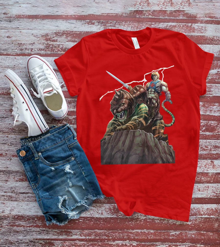 He-Man Masters Of The Universe Sword And Battle Cat On Rock With Lightning T-Shirt