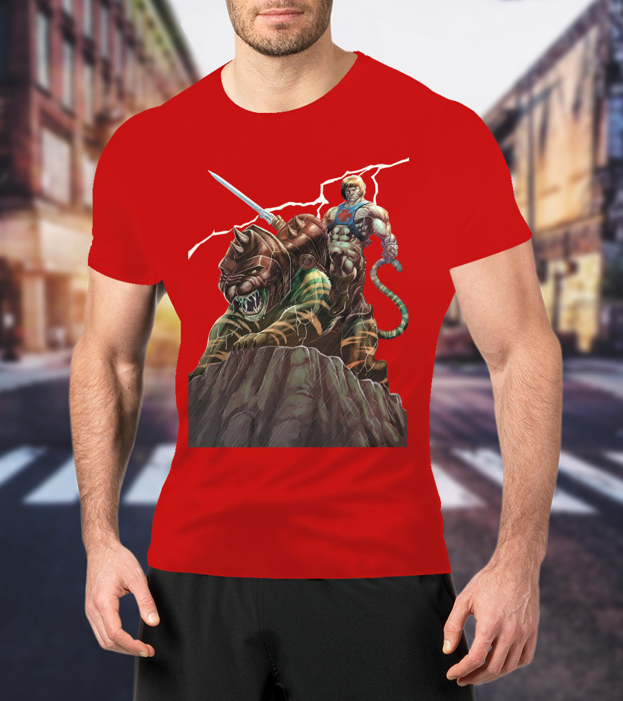 He-Man Masters Of The Universe Sword And Battle Cat On Rock With Lightning T-Shirt