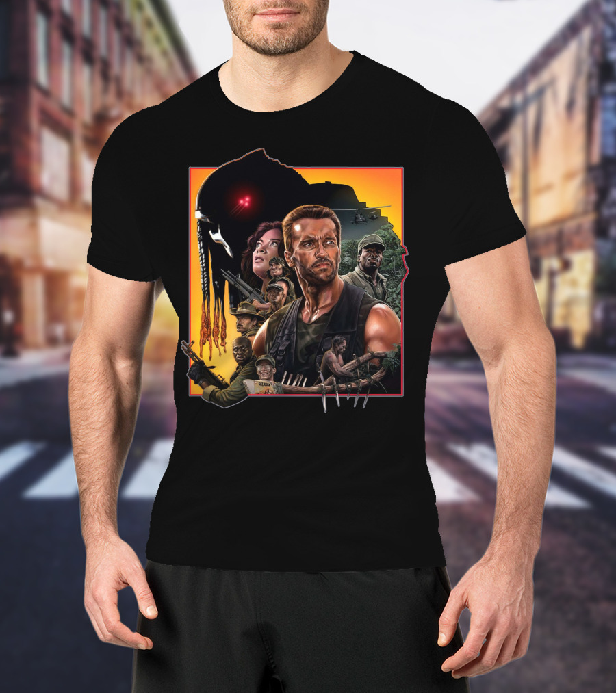Predator Movie Characters And Jungle Battle Scene T-Shirt
