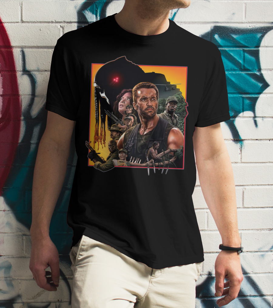 Predator Movie Characters And Jungle Battle Scene T-Shirt