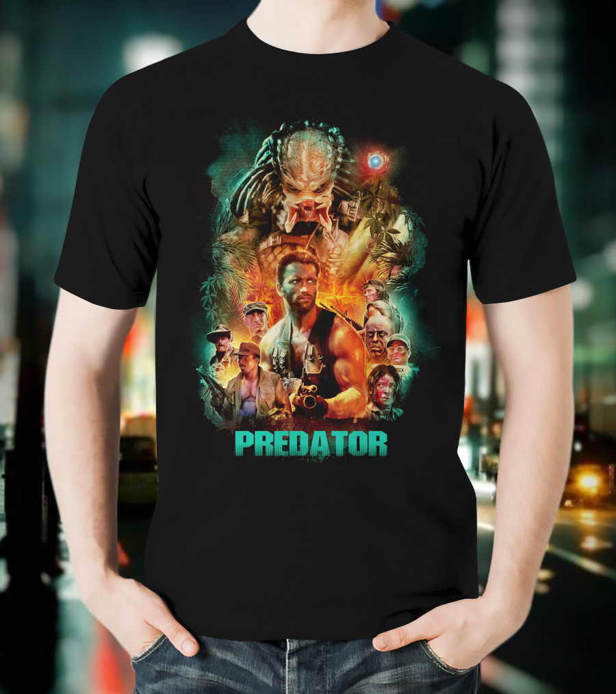 Predator Movie Collage Featuring Iconic Characters And Alien Hunter T-Shirt