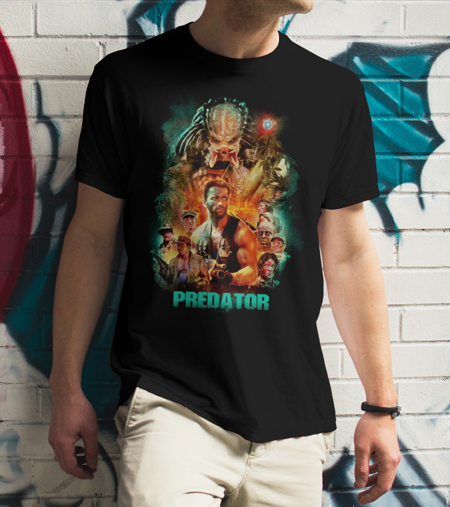 Predator Movie Collage Featuring Iconic Characters And Alien Hunter T-Shirt