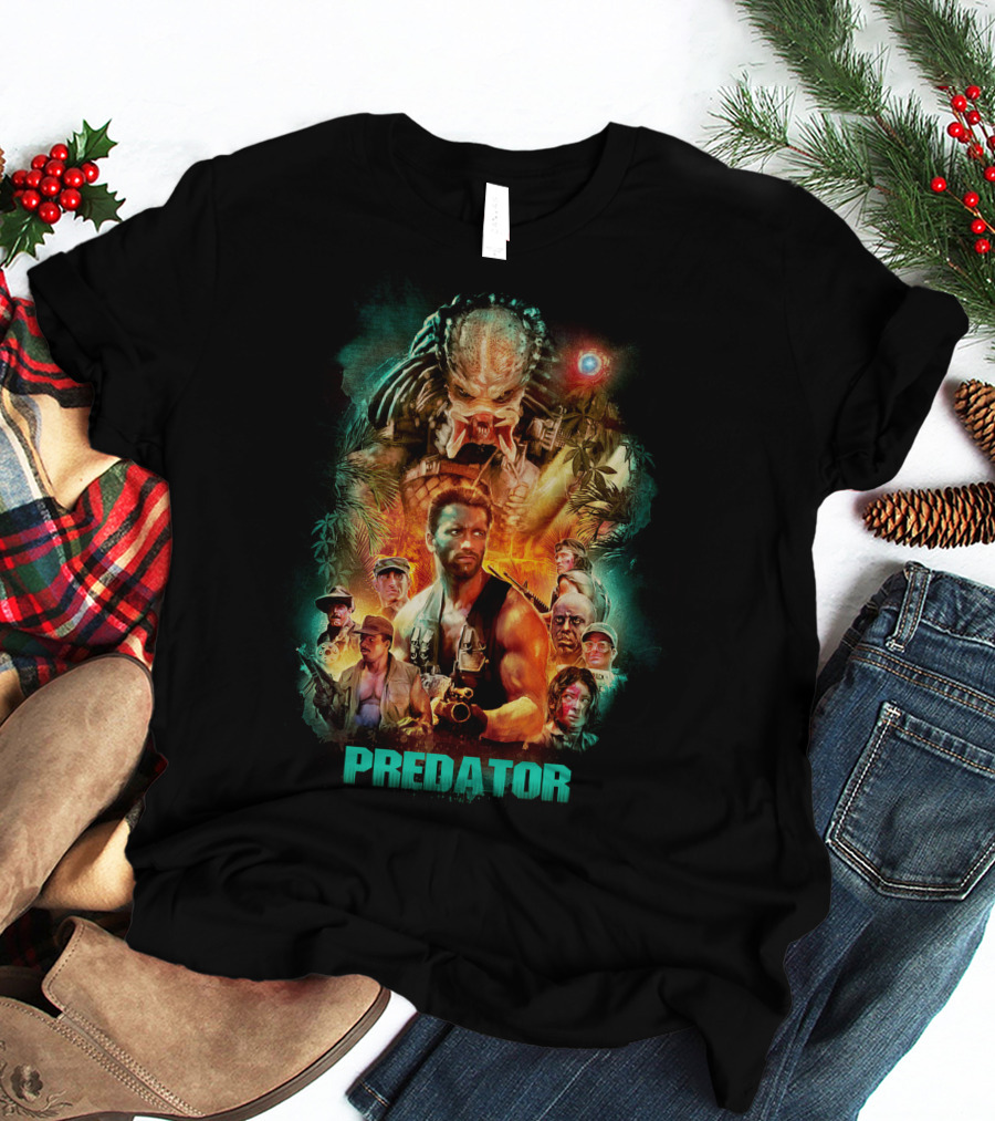 Predator Movie Collage Featuring Iconic Characters And Alien Hunter T-Shirt