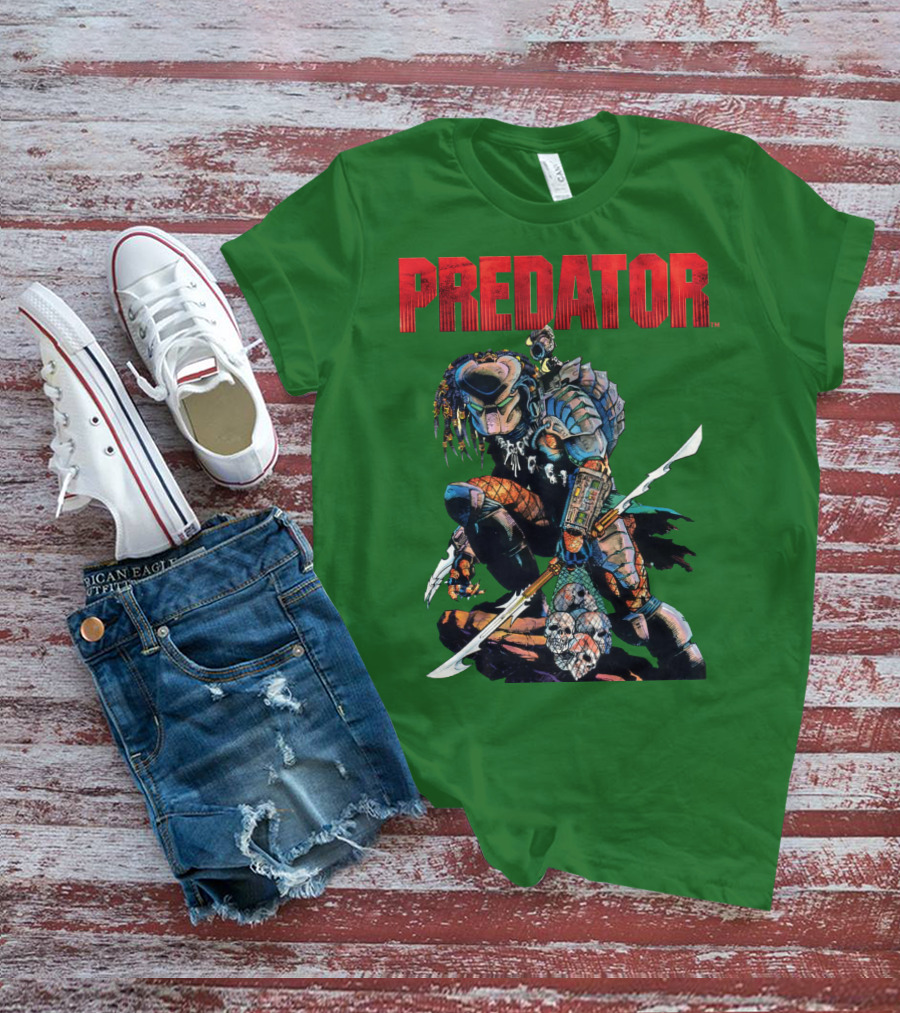 Predator Armored Warrior Kneeling With Blade And Skull Trophy T-Shirt
