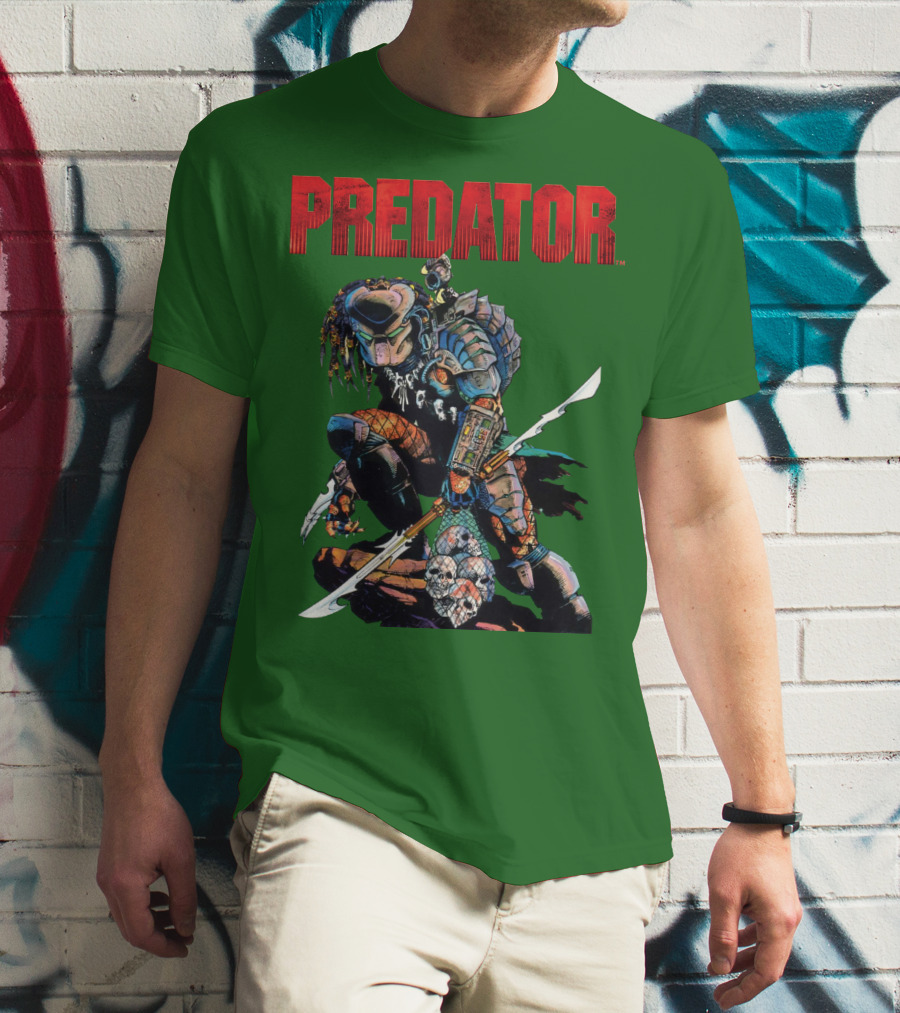 Predator Armored Warrior Kneeling With Blade And Skull Trophy T-Shirt