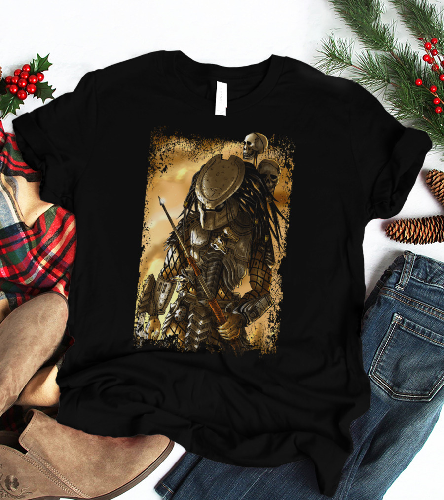 Predator Alien Warrior With Skulls And Dreadlocks T-Shirt