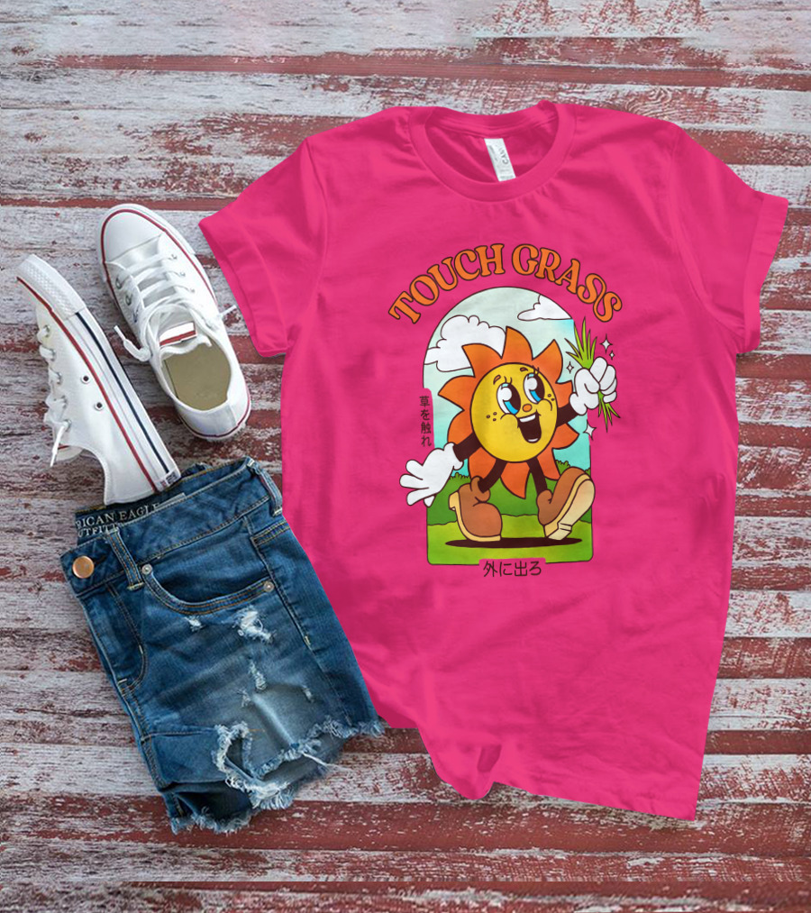 TOUCH GRASS Hellvetika Sunflower Character Boots Japan Text T-Shirt
