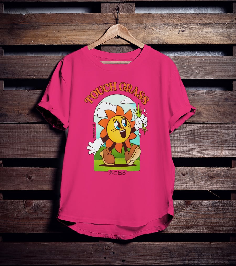 TOUCH GRASS Hellvetika Sunflower Character Boots Japan Text T-Shirt