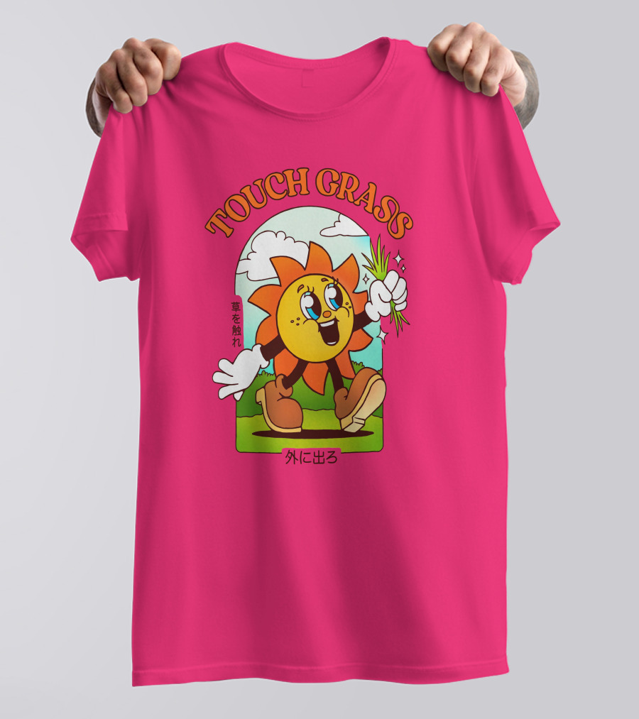 TOUCH GRASS Hellvetika Sunflower Character Boots Japan Text T-Shirt