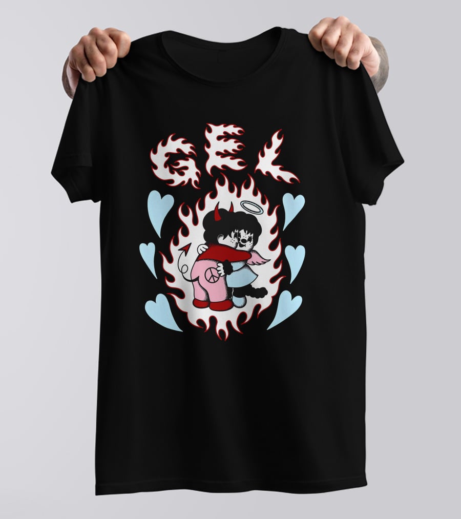GEL Flaming Angels And Demons Embrace With Hearts T-Shirt
