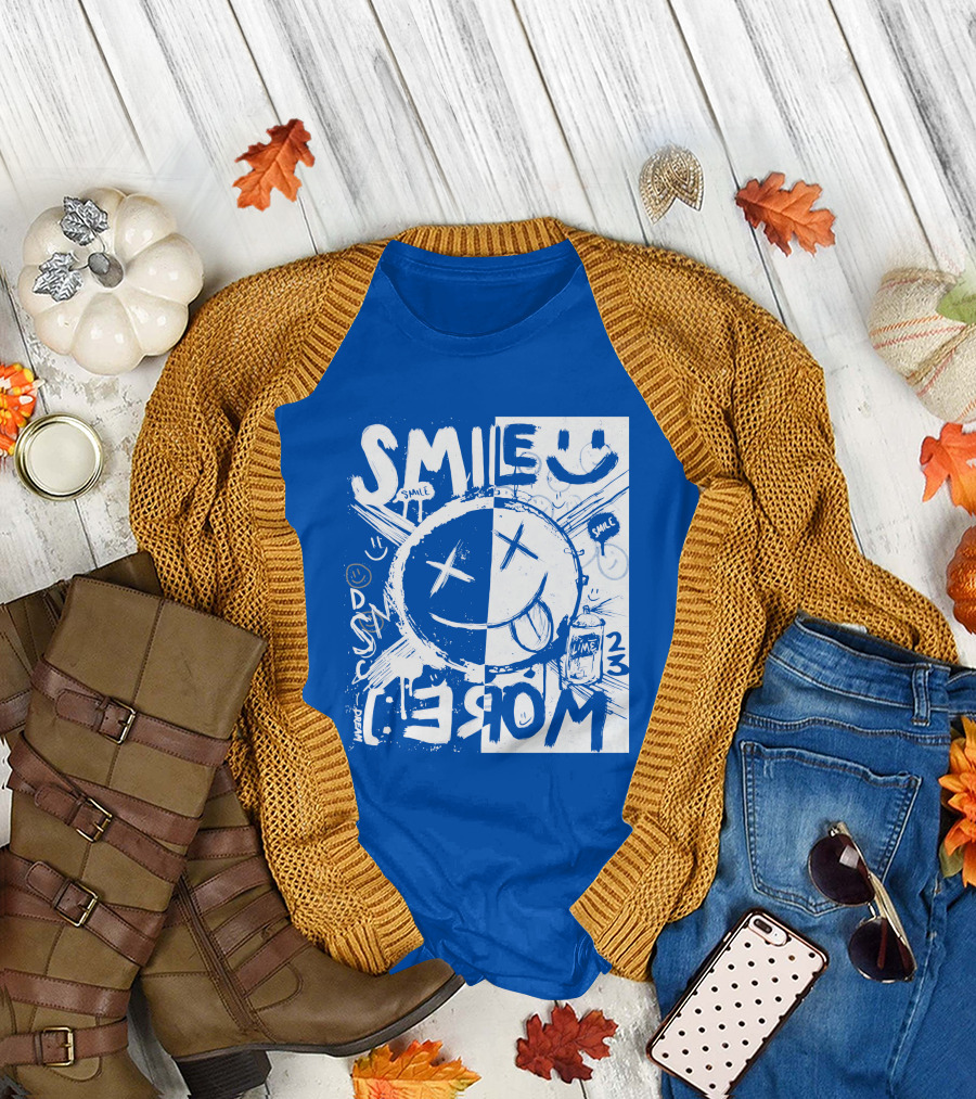 Smile More April Members Only Blue Grunge Style Smiley Face T-Shirt