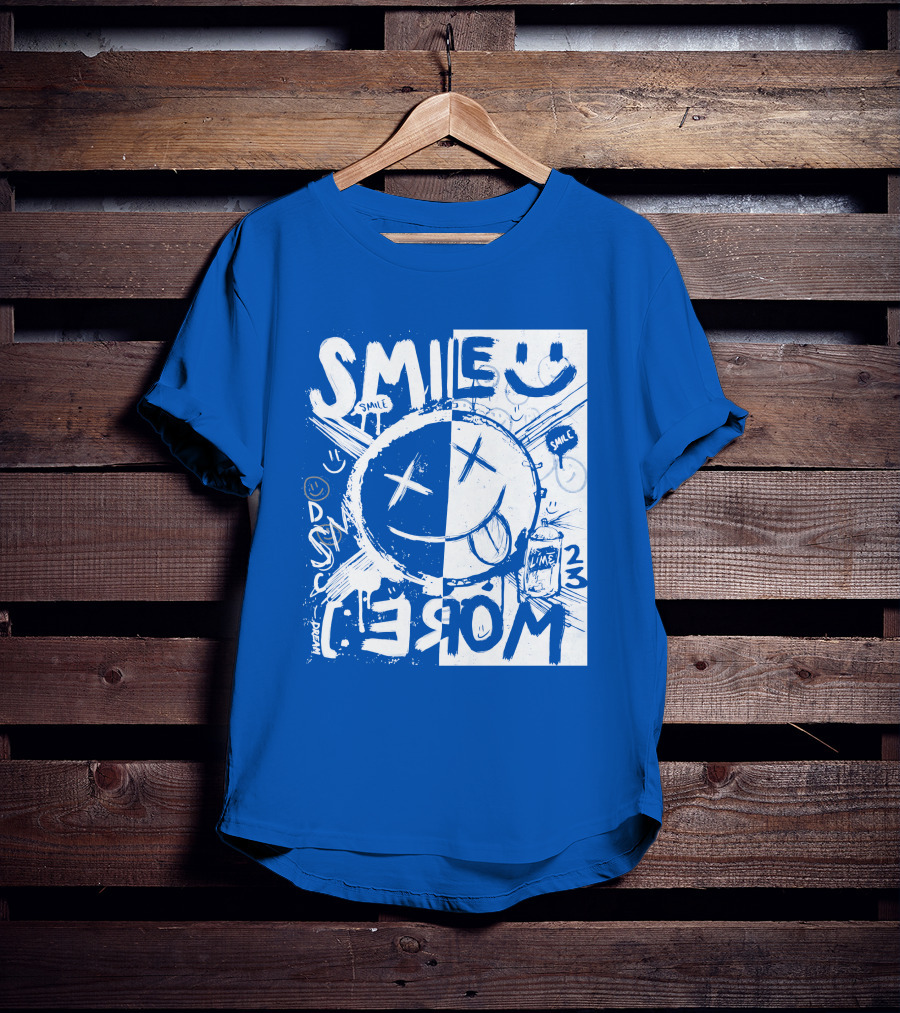 Smile More April Members Only Blue Grunge Style Smiley Face T-Shirt