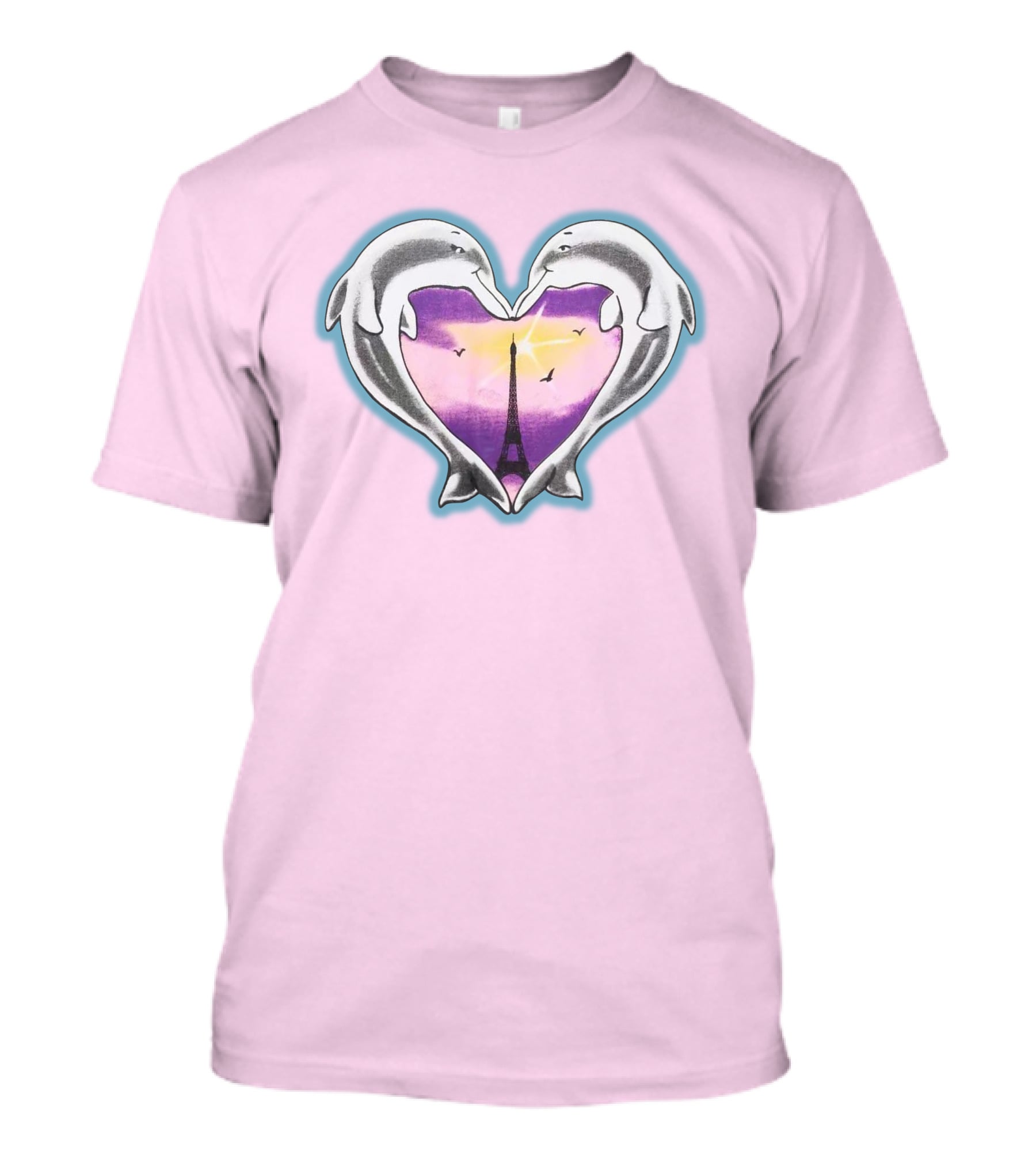 Dolphins Heart Eiffel Tower Sunset Paris Pink Background T-Shirt