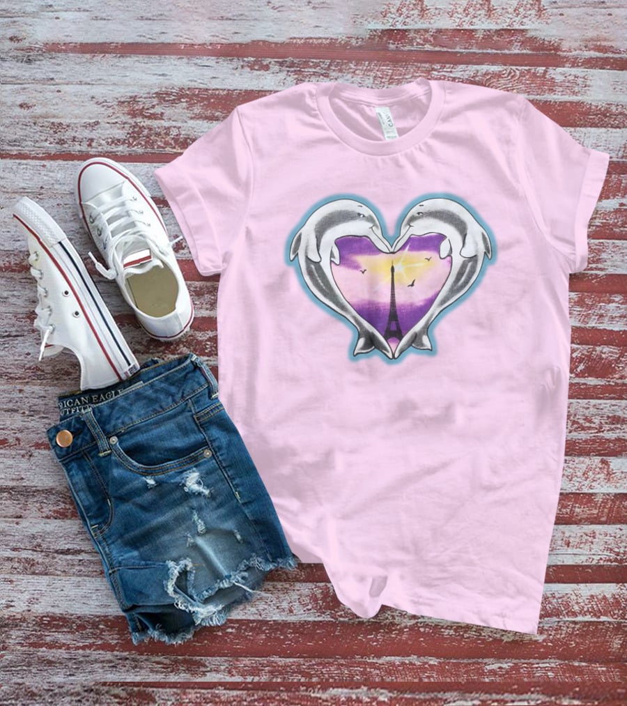 Dolphins Heart Eiffel Tower Sunset Paris Pink Background T-Shirt