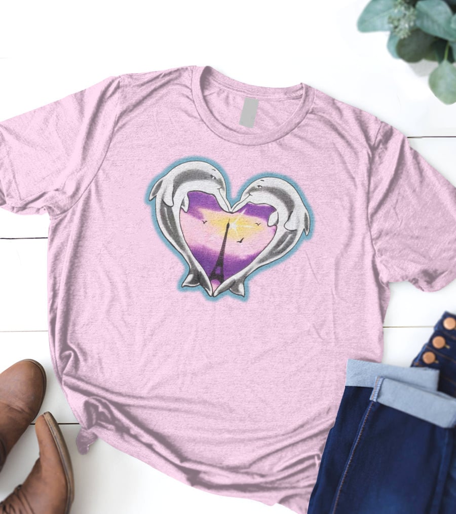 Dolphins Heart Eiffel Tower Sunset Paris Pink Background T-Shirt