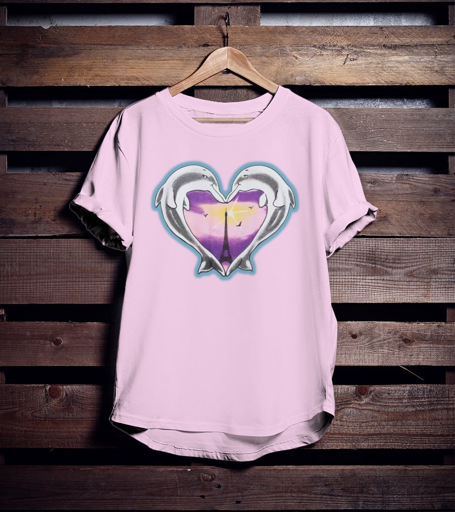 Dolphins Heart Eiffel Tower Sunset Paris Pink Background T-Shirt