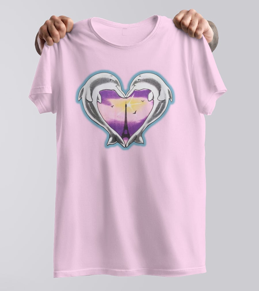 Dolphins Heart Eiffel Tower Sunset Paris Pink Background T-Shirt