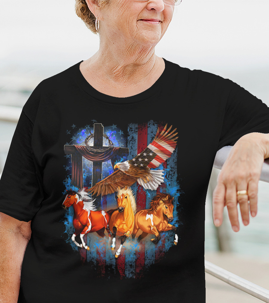 GOD Horse American Flag Eagle Cross T-Shirt