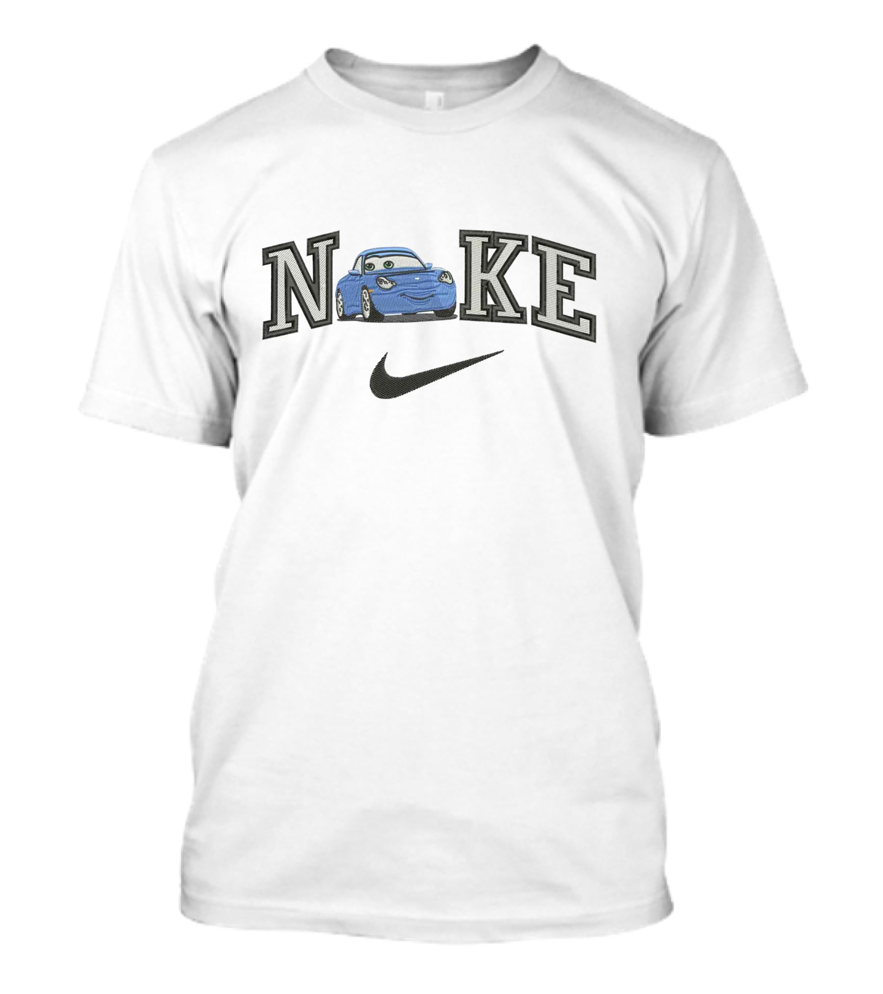 Nika Car 1 Parody With Blue Cartoon Car And Swoosh T-Shirt