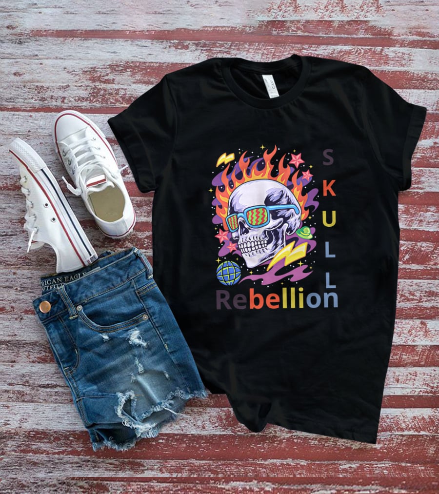 Rebellion Skull With Fiery Sunglasses And Cosmic Elements T-Shirt