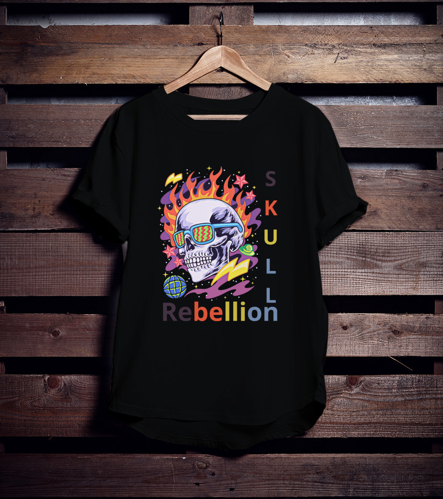 Rebellion Skull With Fiery Sunglasses And Cosmic Elements T-Shirt