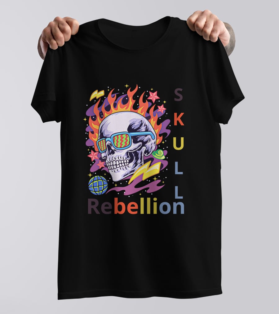 Rebellion Skull With Fiery Sunglasses And Cosmic Elements T-Shirt