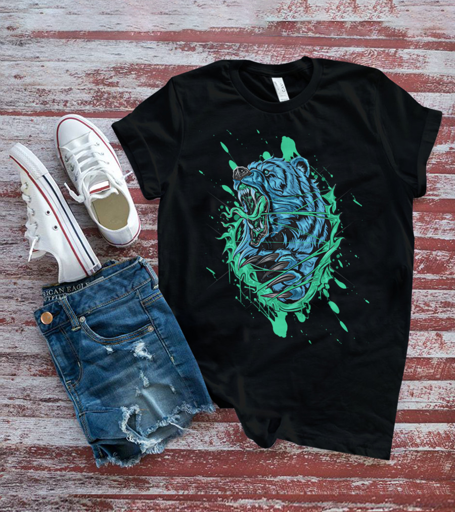 Angry Bear Roaring In Dynamic Teal And Black Paint Splash T-Shirt