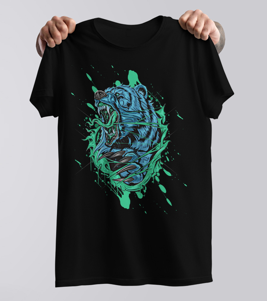 Angry Bear Roaring In Dynamic Teal And Black Paint Splash T-Shirt