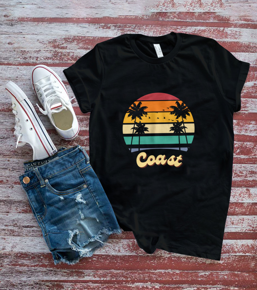 Coast Vintage Sunset Palm Trees Birds T-Shirt