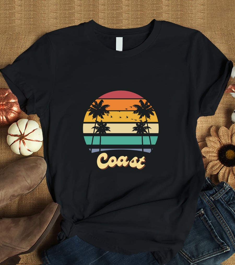 Coast Vintage Sunset Palm Trees Birds T-Shirt