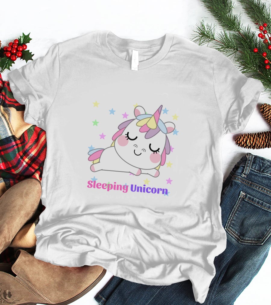 Sleeping Unicorn Rainbow Stars Cute Pastel Colors T-Shirt