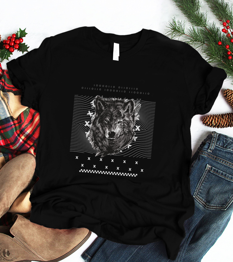 Hunter Wolf Head With Geometric Patterns And Waves T-Shirt